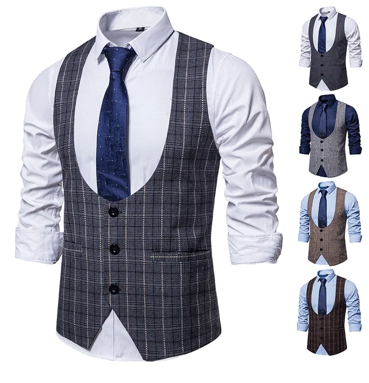 Мужской костюм с u образным вырезом однобортный карманами без рукавов однотонный