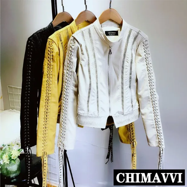

Women Stand Collar Leather Jacket Lace-up String Rope Fringed Motorcycle Leather Coat Female Spring and Autumn Hollow PU Jackets
