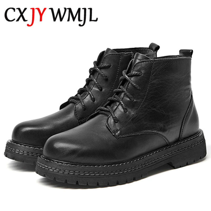

Side Zip Design Retro Women Ankle Boots Leather Black Lace-up Booties Spring And Autumn Outdoor Woman Martin Boot