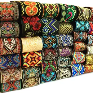 AIEI Boho Jacquard Ribbon Ethnic Ribbon Black Gold Embroidery Jacquard Trim for Sewing, Handmade Bag, Clothing Decoration (5 Yards)