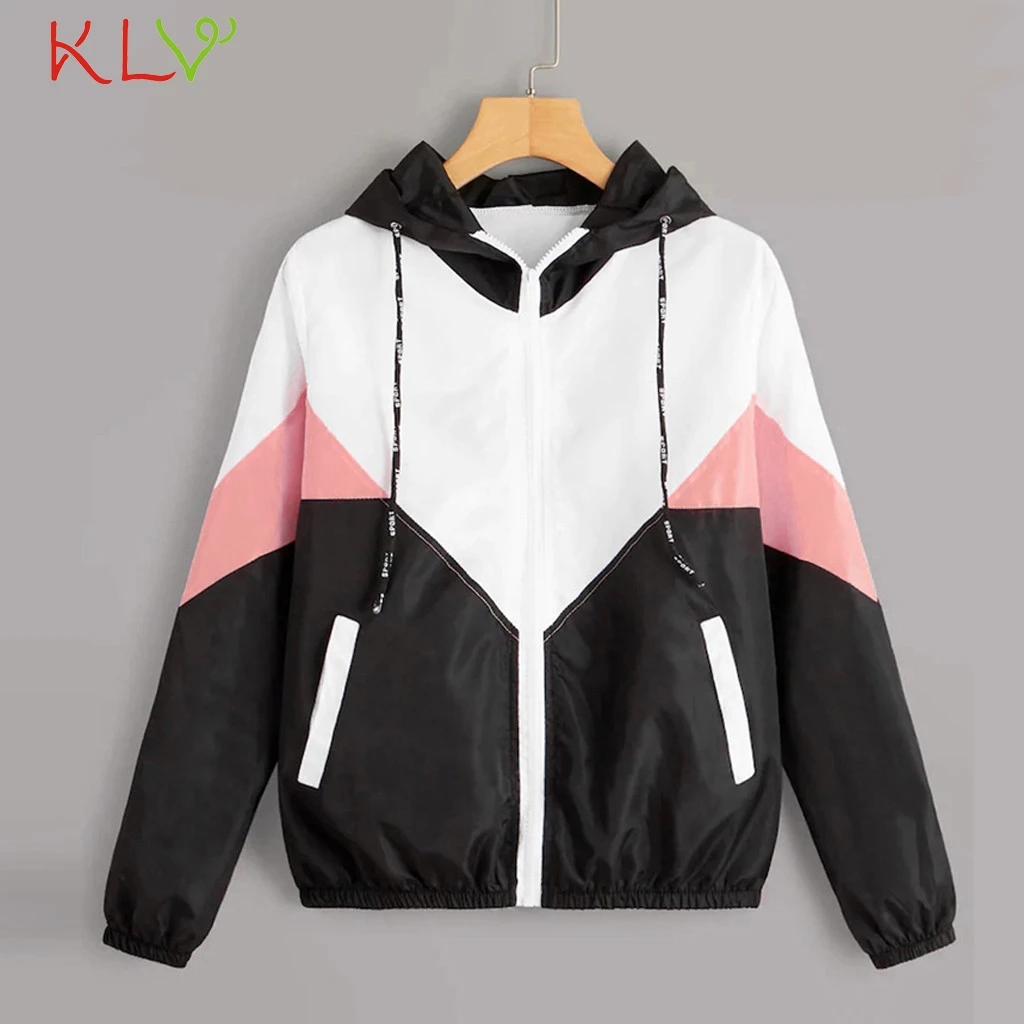 

Women Jacket Hooded Color Block Long Sleeve Patchwork Autumn Winter Women Jackets Plus Size Zipper Female Coat Soprtsuit 19Aug