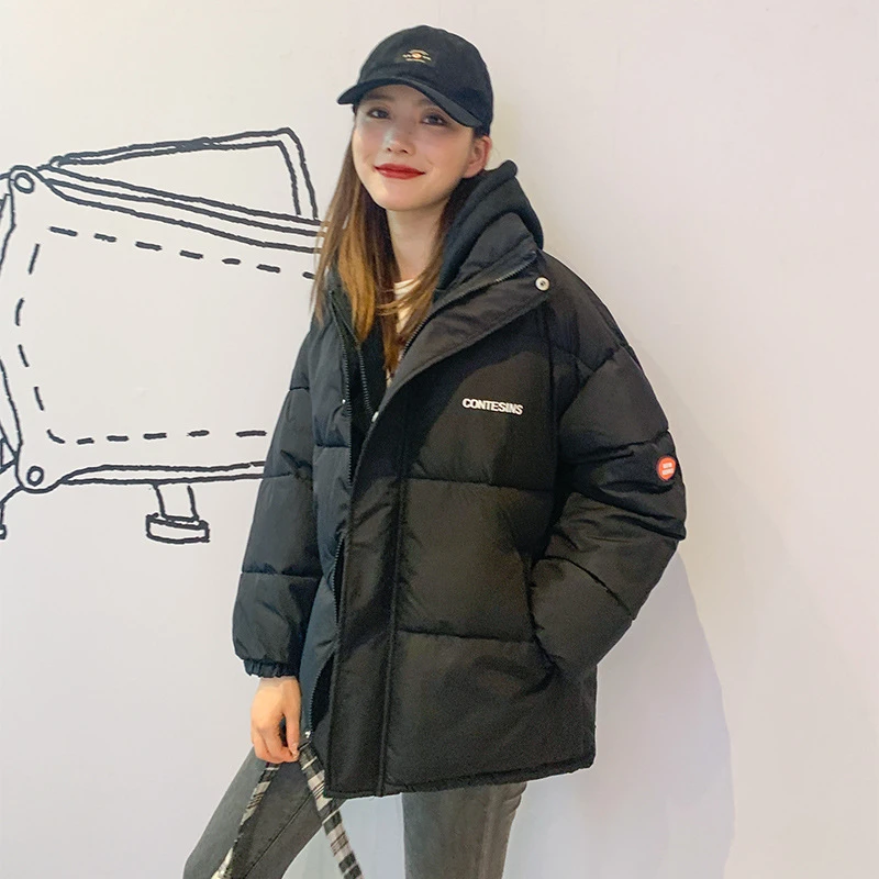 Parkas cortas coreanas para mujer, chaqueta de dos piezas con capucha falsa, ropa holgada de gran tamaño, abrigo de Color sólido|Parkas| - AliExpress