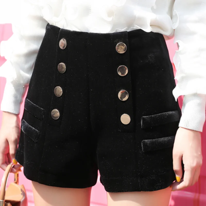 Black shorts Модные базовые корейские Бархатные женские шорты на пуговицах с высокой талией, осенне-зимняя популярная одежда, шорты, женская черная одежда B9N306 - Цвет: Black shorts