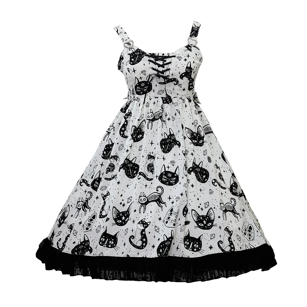 Высококачественное платье в стиле Лолиты с бриллиантовыми звездами и кошками JSK, милое женское платье JSK черного и белого цвета в готическом стиле, винтажное платье на бретельках, блузка, Новинка - Цвет: White JSK