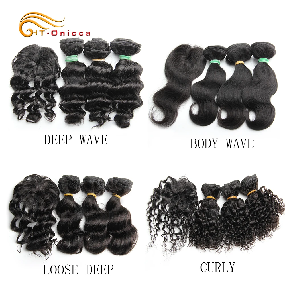 Htonicca Loose Deep Brazilian Hair Weave Bundles 8 inch 100% Human Hair 3 Bundles and closure Hair Extensions Natural Black 4
