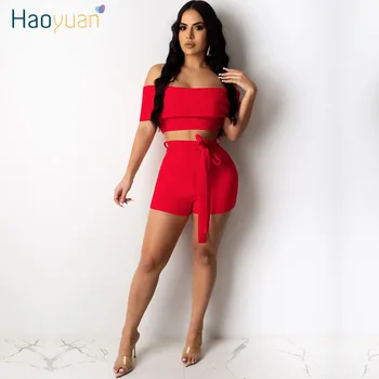

HAOYUAN Sexy Two Piece Set Summer Clothes for Women Off Shoulder Crop Top and Shorts Suits 2 Piece Club Outfits Matching Sets