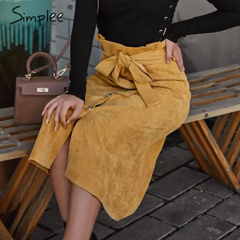 Tanie Simplee A line spódnica sztruksowa kobiety jesienno zimowa vintage harajuku dla kobiet spódnica trzy czwarte elegancka wysoka talia szarfa pasek spódnica damska