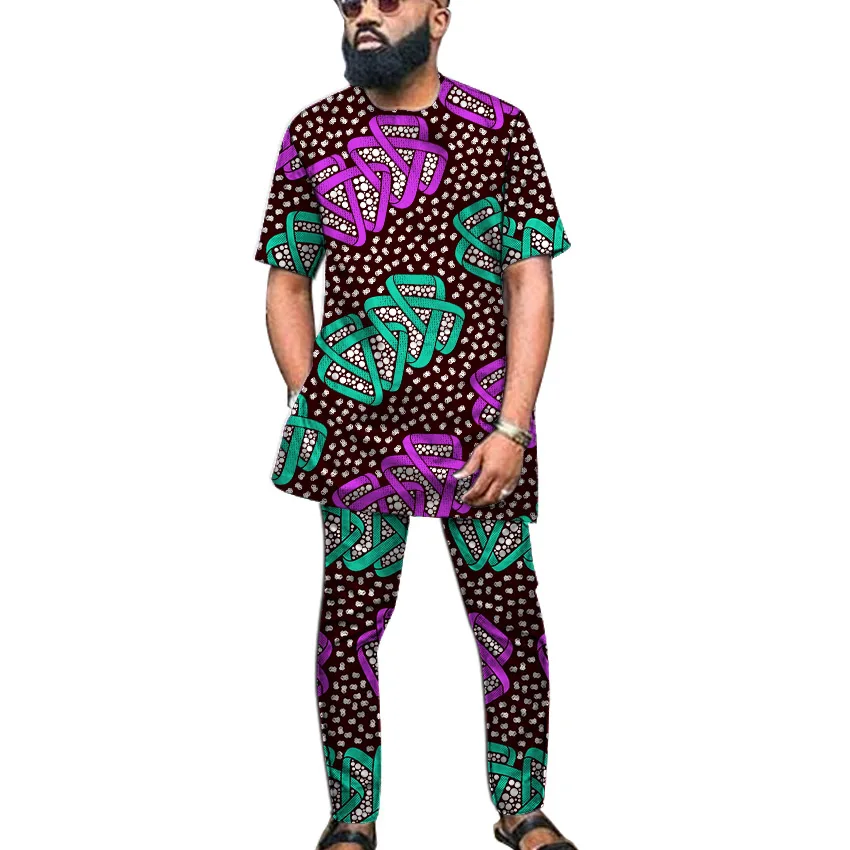 

Fashion print o-neck shirts with trousers custom made summer pant sets groom suits male Ankara outfits Dashiki African clothes