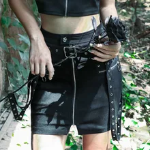 Готический черный женский ремень на молнии высокая Талия Джинсовая юбка лето готический панк женская уличная темно Сплит на шнуровке мини юбки карандаш