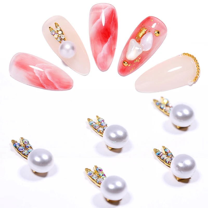 

5 Pcs/Pack 3D Nail Rhinestone Crystal Metal Pearly Rabbit Design Nail Decorations DIY Design Tool for Gel Nail Tips