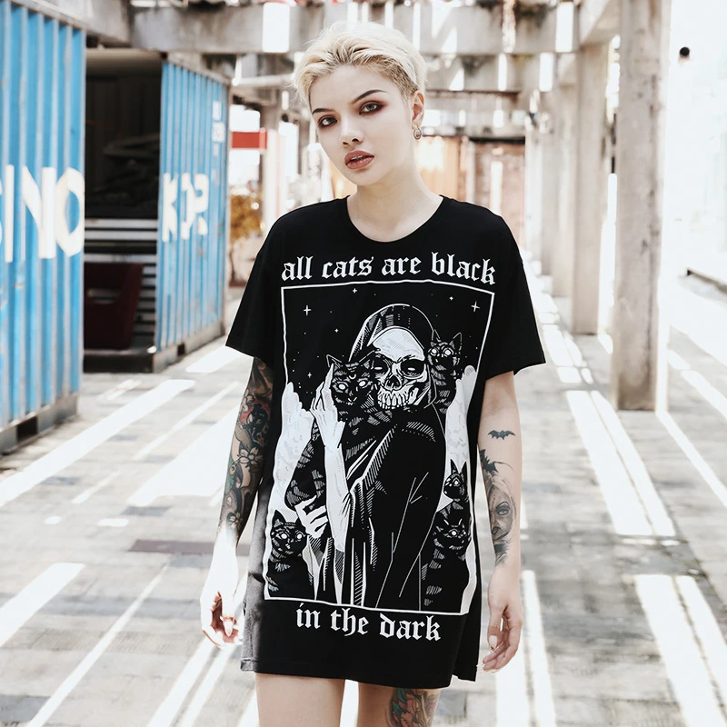 Dark Fashion negra Harajuku para mujer, camisas largas holgadas con estampado de letras para mujer, camisetas Punk de algodón| Camisetas| - AliExpress