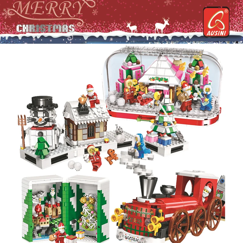 

2019 Crystal Box Santa Village Christmas Train toys Model Building Kits Blocks Compatible Legoings Bricks Kids Christmas Gifts