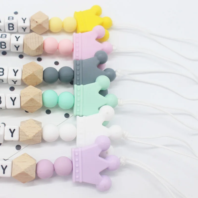 Baby Pacifier Pink Crown Silicone Beads Pacifier Holder Chain Shower Gift Personalised Name Handmade Beech Wooden Clip Chain