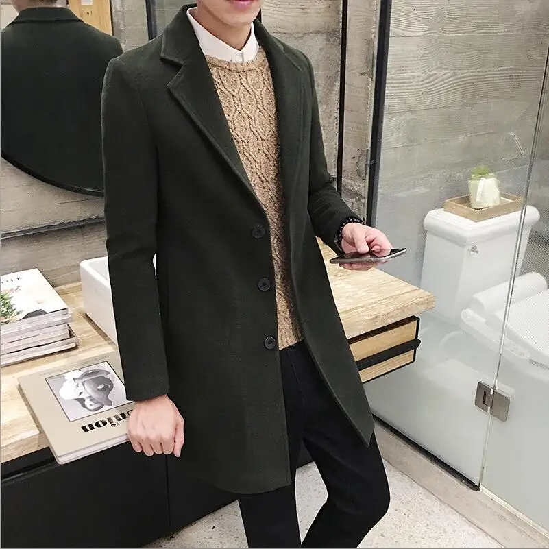 army green Новая зимняя мужская шерстяная куртка для отдыха, длинные шерстяные пальто, мужские однотонные повседневные модные куртки/повседневные мужские пальто - Цвет: army green
