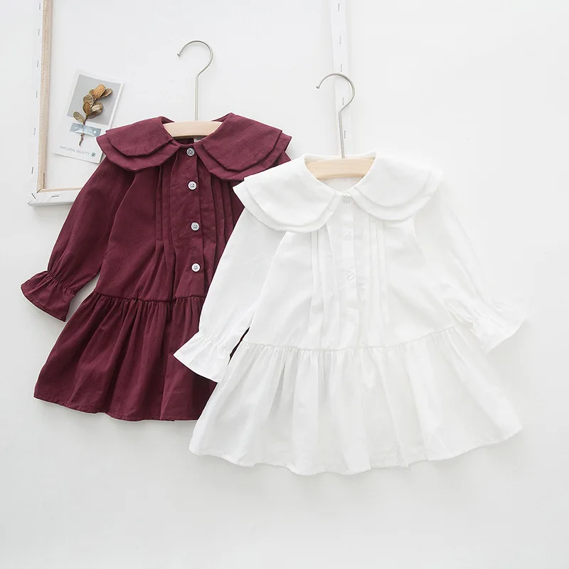 

2019 New Kids Clothes Girls Peter Pan Collar Solid Pattern Long-sleeved Dresses Girls Baby Dress Baby Clothing Dress 1-6T