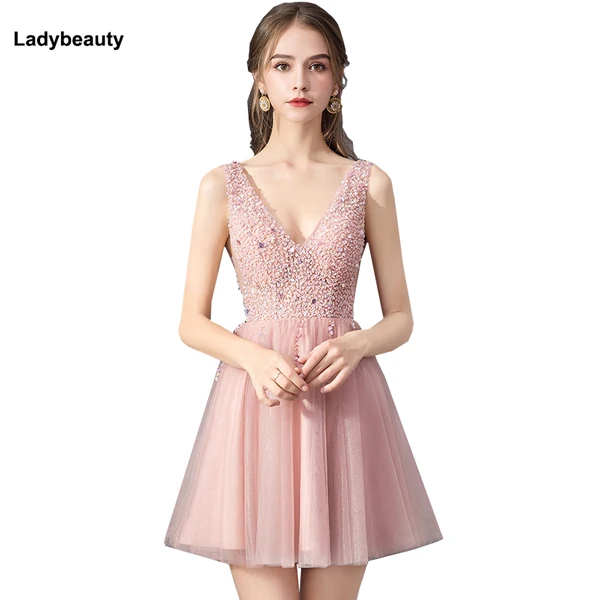Ladybeauty/сексуальное короткое вечернее платье с v-образным вырезом, украшенное бисером, Новое поступление года, блестящие прозрачные платья для выпускного вечера с открытой спиной - Цвет: Розовый