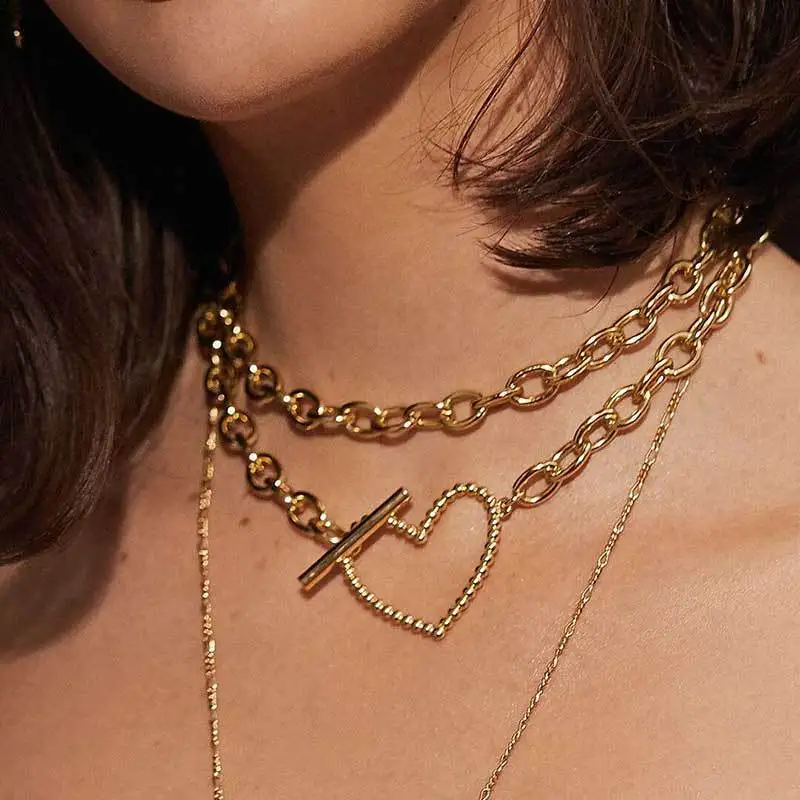 Уличное стильное дамское модное Золотое розовое золото серебро Цвет Длинная цепочка сердце ожерелье женское многослойное металлическое ожерелье чокер - Окраска металла: Gold