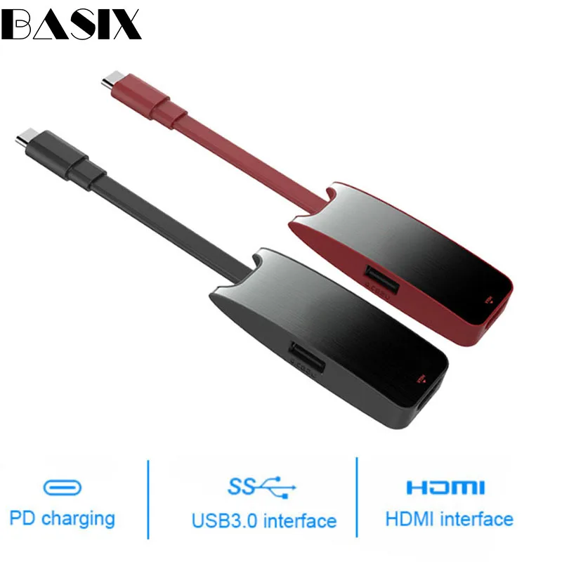 BASIX USB C hub to HDMI USB3.0 Type-C Female Adapter 3-in-1 USB-C Hub Adapter with Charging Converter for MacBook Type C HUB