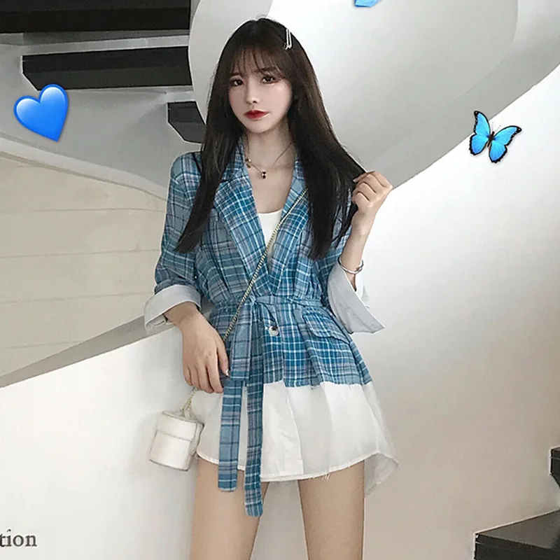 

2019 ~ 2019 Early Autumn New Style Sense of Design Plaid Stitching Shirt Royal Sister Fan Goddess Tops Women's