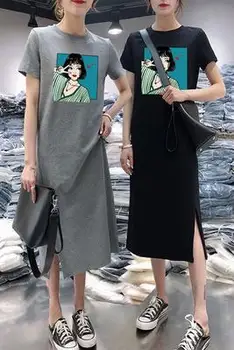 

New Korean Summer Short-Sleeved Dress Women's Wild Leisure Loose Long over-the-Knee under Layer T-shirt Dress