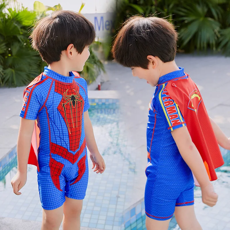 

BOY'S Swimsuit One-piece Boxer Bathing Suit Spider-Man Superman Boy Hero Dream with Mantle CHILDREN'S Swimsuit Small CHILDREN'S