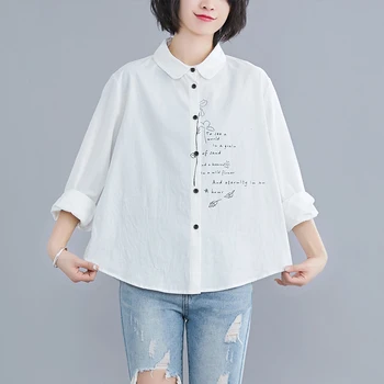 

COIGARSAM Casual Print Shirt Womens tops New Spring Summer Cotton Linen Women shirts White Red Yellow Black 6027