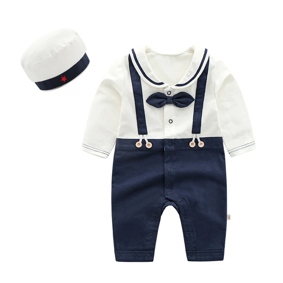 Baby Boys Romper Costume Toddler Sailor Navy Jumpsuit Bebe Suspender One set Outfit with Hat Infant Halloween Short Clothes Sets |