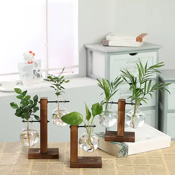 

For Drop Shipper Hydroponic Plant Vases Vintage Flower Pot Transparent Vase Wooden Frame Glass Tabletop Plants Home Decoration