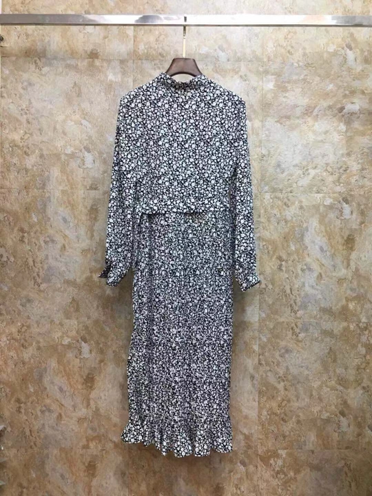 Winter new thin collar of women with print dress hem crimping 1011