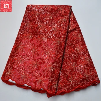 

African lace fabric 2020 High Quality Embroidered Pure red Lace french Sequins Lace Fabric for nigeria party dress