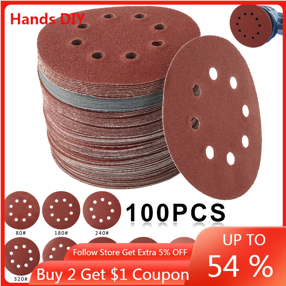 Disques de ponçage de forme ronde, 100mm, 125 pièces, feuille de ponçage avec boucle à crochet, tampon de polissage pour ponceuse à 8 trous