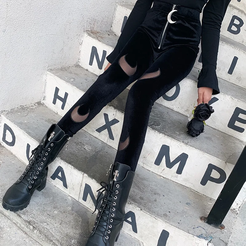 InstaHot, черные, лунные, лоскутные, готические, панковские штаны, женские, узкие, обтягивающие брюки, брюки на молнии, уличная одежда, Осенние, женские брюки