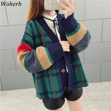 Woherb/осенне-зимнее плотное пальто-свитер для женщин корейский модный полосатый кардиган для девочек контрастных цветов свободного кроя Harajuku вязаный джемпер