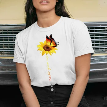 

Aesthetic Cotton T Shirt Women Harajuku Graphic Tees Shirt Femme Sun Flower Butterfly White Women's T-shirt Never Give Up Tshirt