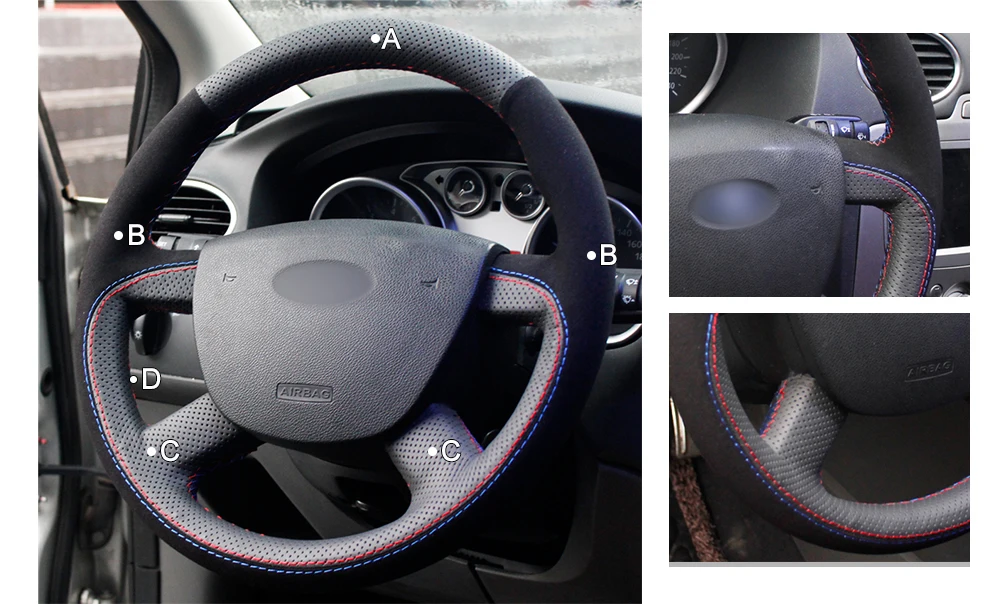Черная замшевая крышка рулевого колеса для рукоделия для Ford Kuga 2008-2011 Focus 2 2005-2011 C-MAX 2007-2010 Transi