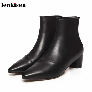 

Lenkisen fashion European style genuine leather high heels pointed toe office lady solid dress winter keep warm ankle boots L8f2