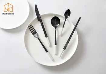 

Stainless Steel Tableware Black Letter Western Food Row Knife, Fork and Spoon Chopsticks Creative Tableware Restaurant Hotel