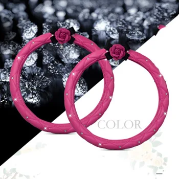 

Camellia Diamond Car Steering Wheel Cover Lady Crystal Rhinestone PU Leathe Auto Steering Case Accessories For Women Girls