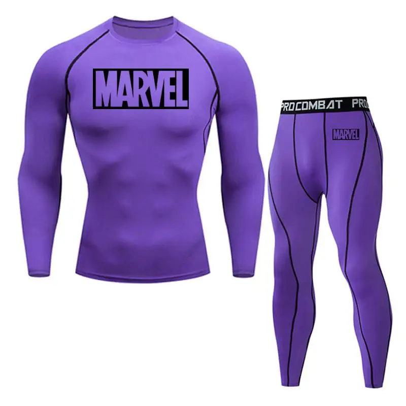 Marvel logo мужское спортивное термобелье Спортивное компрессионное белье тренировочные колготки для спортзала быстросохнущая впитывающая одежда - Цвет: 2-piece set