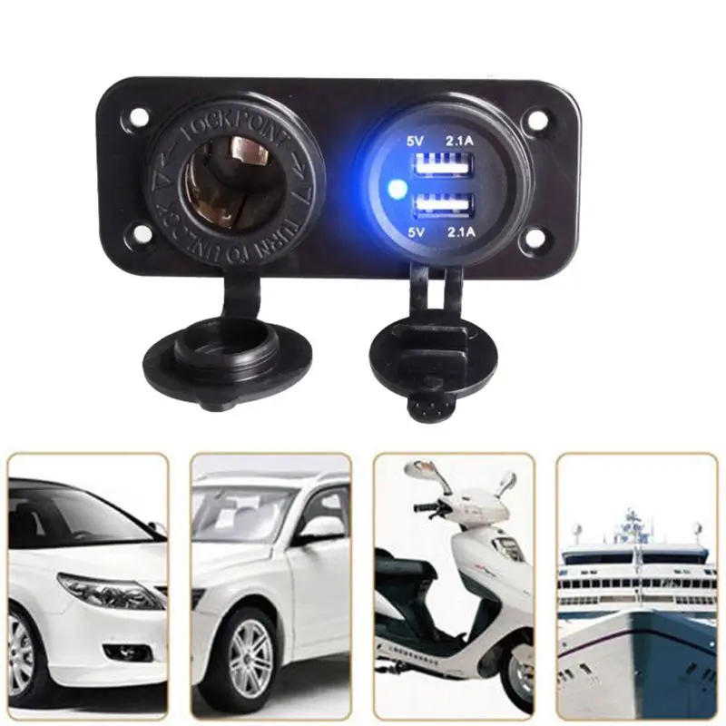 1 Set New 12V Dual USB Power Supply Socket Splitter Power Adapter 2.1A Panel for Motorcycle Car Boat Marine