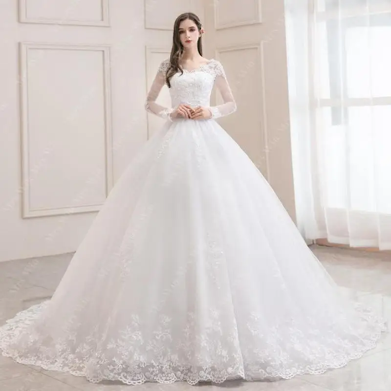 Wedding Dress 2022 New Luxury Full Sleeve Sexy V-neck Bride Dress With Train Ball Gown Princess Classic Wedding Gowns 2