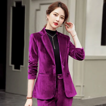 

2020 Autumn Fashion Professional Flannel Velor Jacket Coat Women Winter Femme Blazer Ladies Jackets Office Lady Pockets Purple