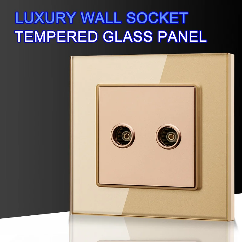 Luxury Dual TV Antenna Wall Socket Silver plated Double Coaxial Wall Mount Output Faceplate Socket Crystal Tempered Glass