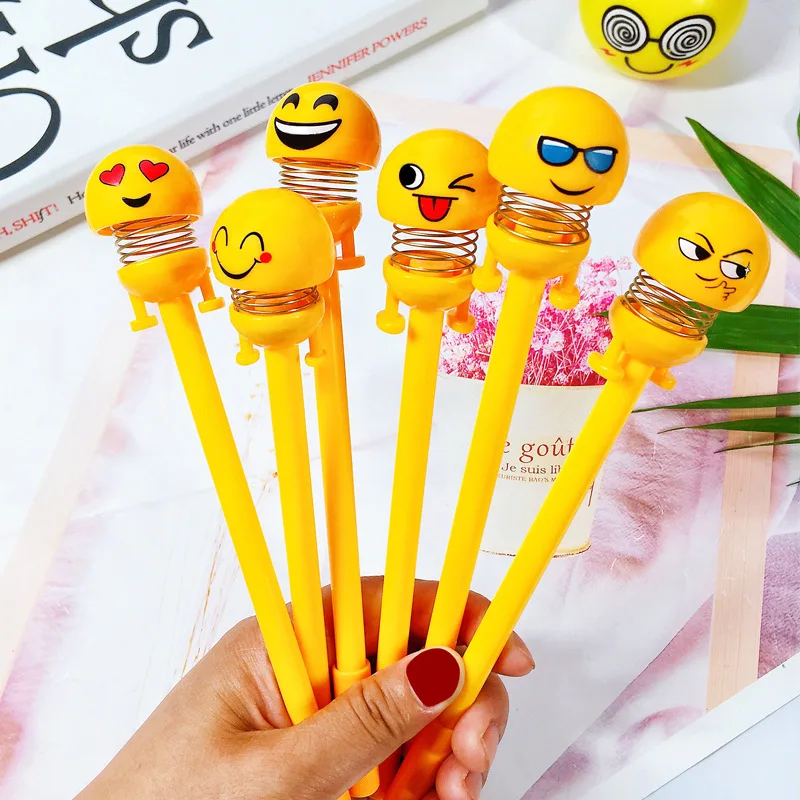 

6pcs Cute Emoji Bouncing Doll Decompression Swinging Expression Emotion Gel Pen Black Writing Tool Gift Office School Supplies