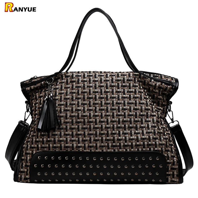 

large capacity Motorcycle handbags female shoulder bag women leather Top handle Bags Rivet tassel wool crochet woven bags ladies