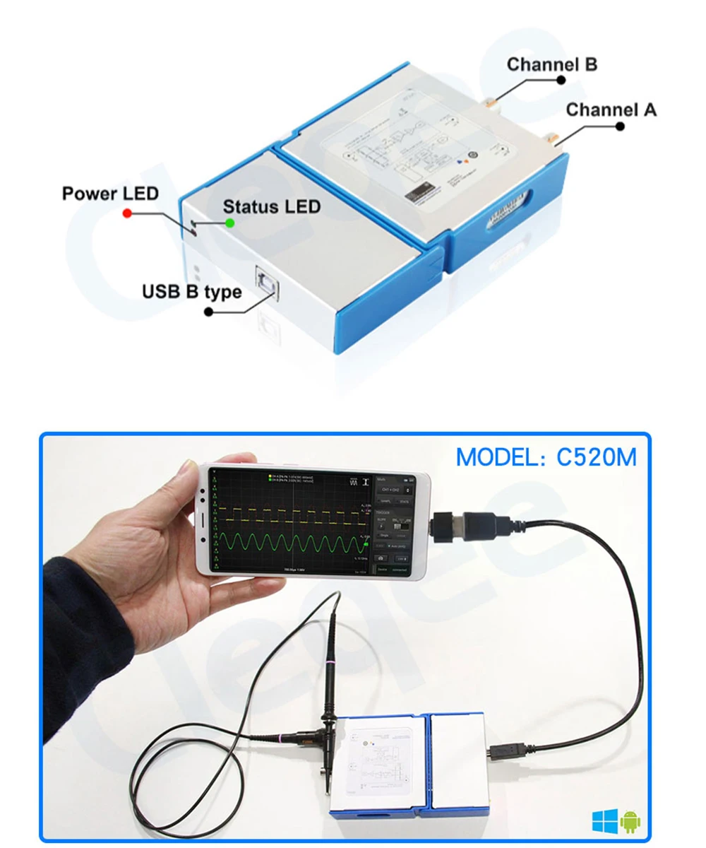 Cleqee Android и PC виртуальный цифровой USB портативный осциллограф может подключить 2 канала полосы пропускания 20 МГц/50 МГц выборки данных 50 м/1 г