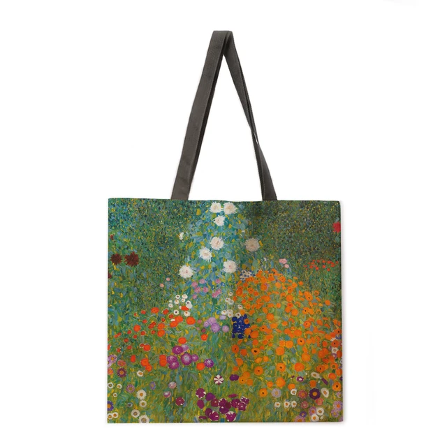 Golden oil painting leisure tote bag linen bag reusable shopping bag outdoor beach bag leisure tote bag 20