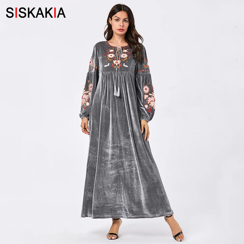 Gray dress Siskakia мусульманское Женское зимнее платье шикарная Цветочная вышивка элегантные имперские качели модные платья в арабском стиле Арни зеленый/серый - Цвет: Gray dress