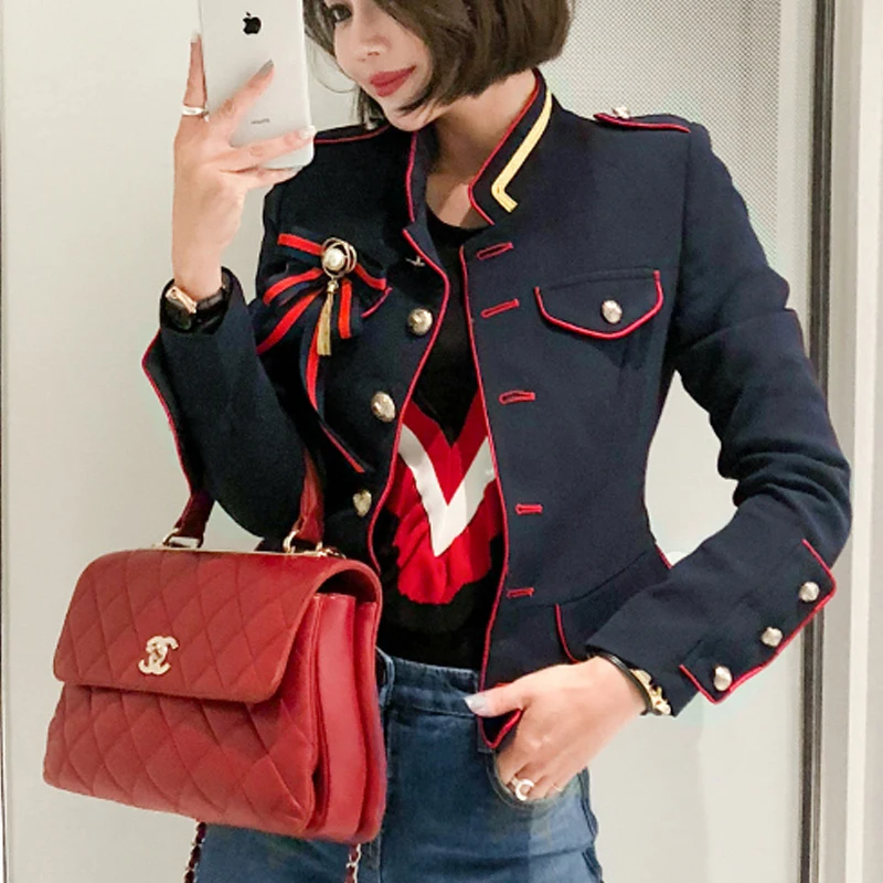 Navy blue Корейский модный парфюм на подвеске однобортное короткое пальто с длинными рукавами и воротником-стойкой - Цвет: Navy blue