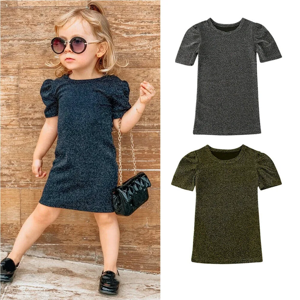 

Summer 1-6Y Toddler Kids Baby Girls Dress Ruffles Sleeve Solid Bling Fashion Party Straight Dresses Set